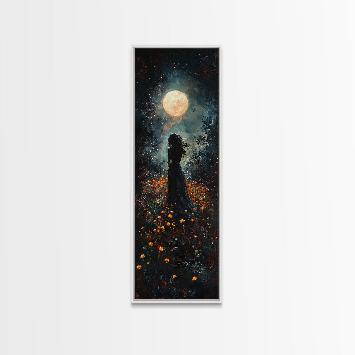 Moonlight silhouette painting mysterious framed canvas print, dark romance art, moonlit field wall decor, spiritual night scene art