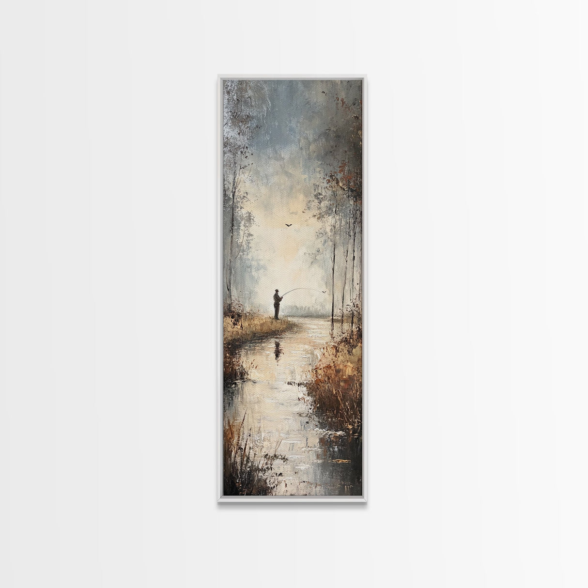 Fisherman painting peaceful landscape framed canvas print, autumn outdoor wall art, rustic decor, nature lovers gift, tranquil scene decor