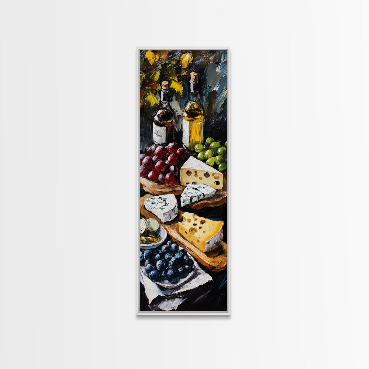 Framed Canvas Print Cheese and Wine Scene Painting Kitchen Wall Art Farmhouse Decor Rustic Art Culinary Print