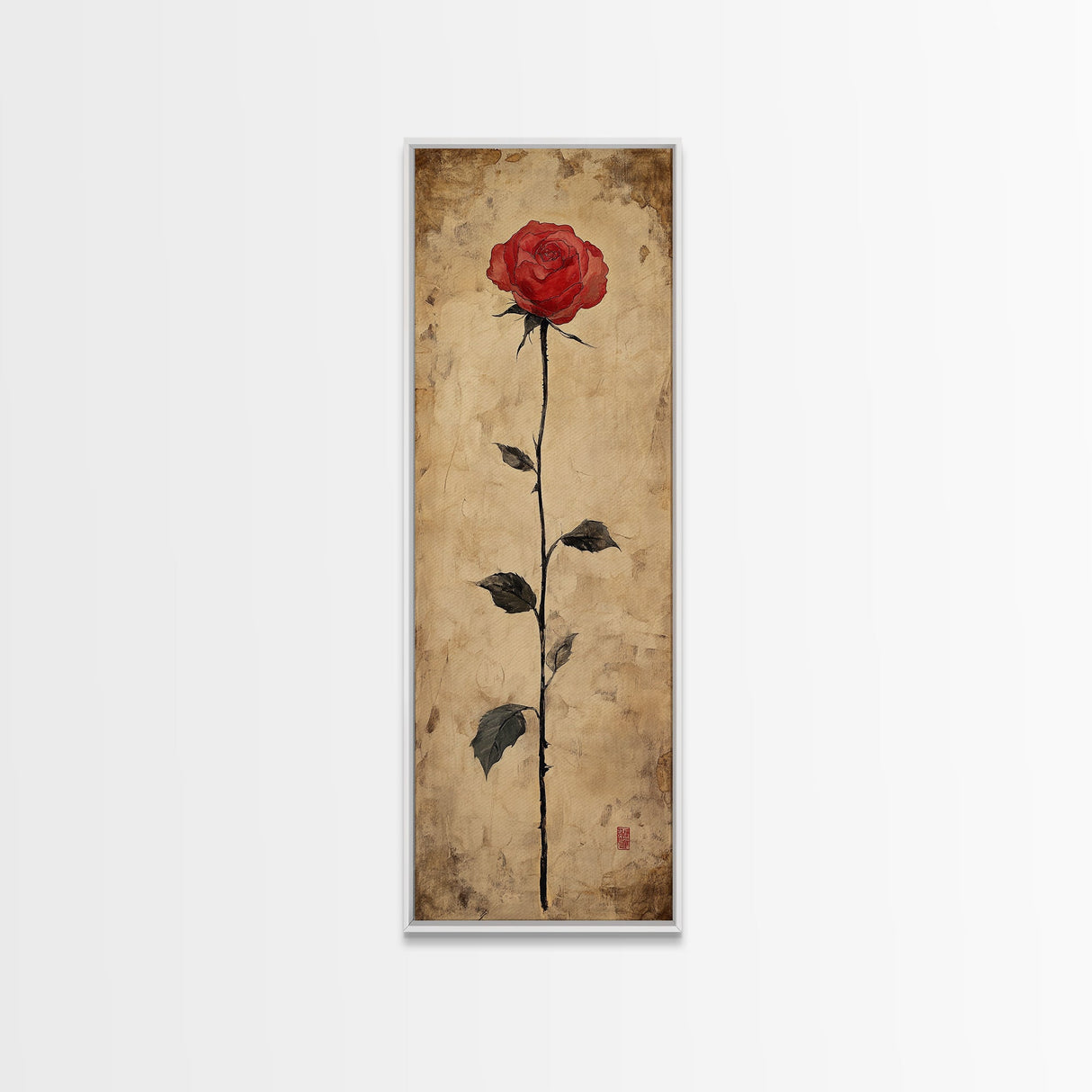 Framed Canvas Print of Elegant Red Rose, Botanical Art, Rustic Wall Art, Gift Idea, Minimalist Nature Art, Above Bed Wall Art