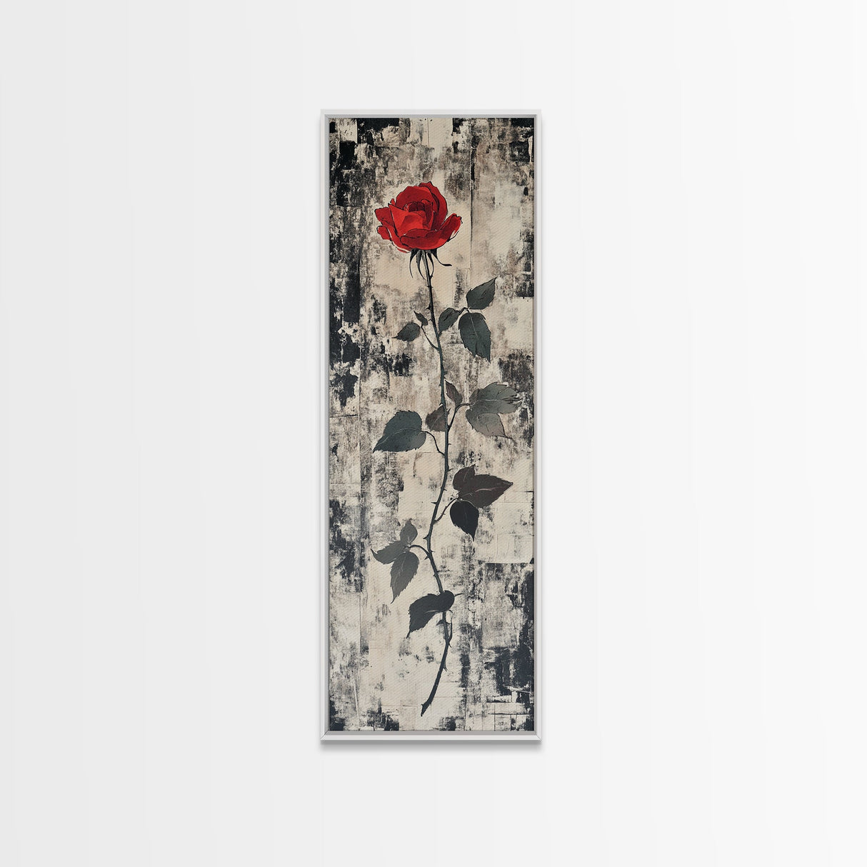 Monochrome Rose Canvas Print, Minimalist Black and White Art, Modern Botanical Print, Above Bed Wall Art, Tall Narrow Art, Framed Canvas Print