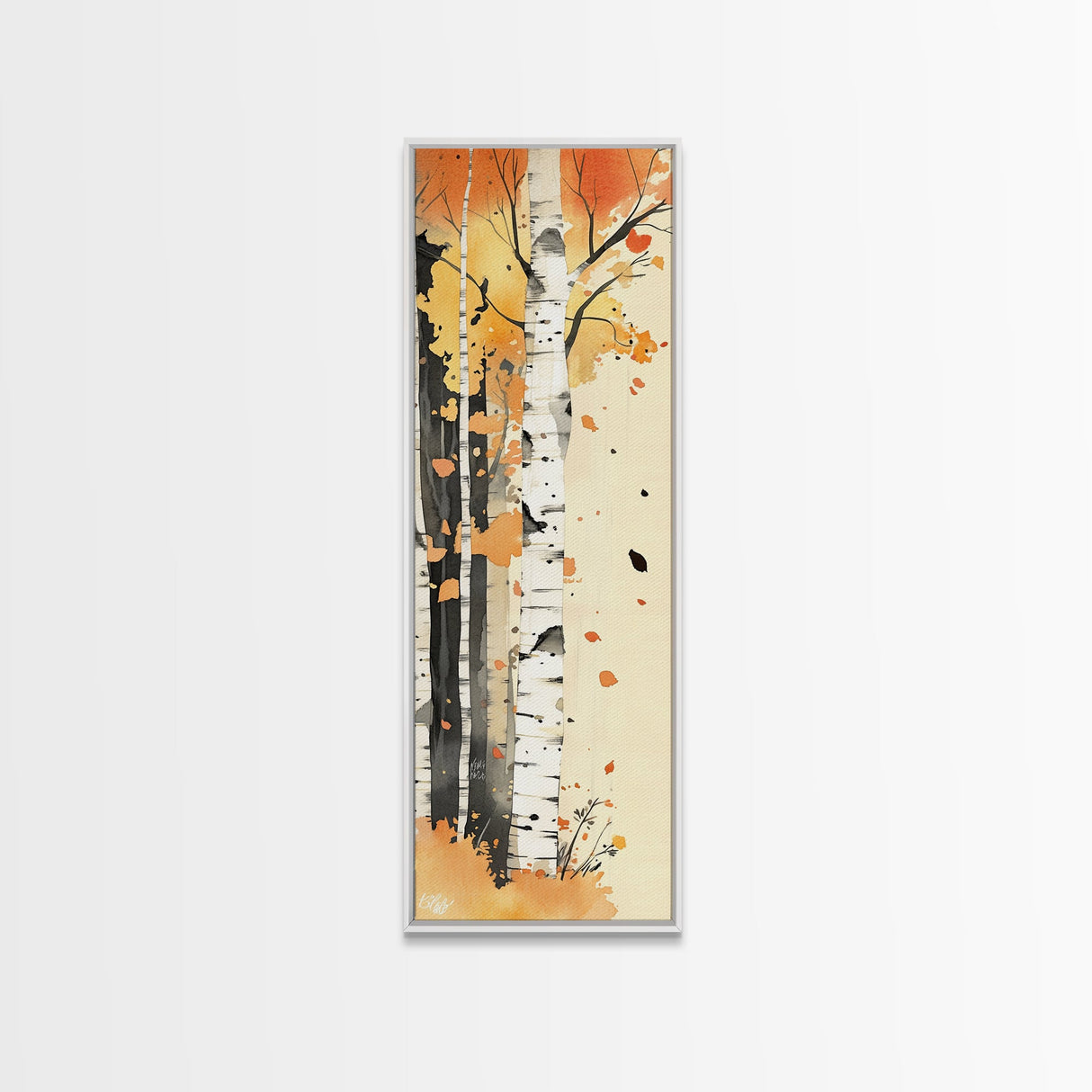 Autumn Forest Path Framed Canvas Print – Cozy Fall Art, Rustic Wall Art, Birch Tree Painting, Skinny Wall Art, Bedroom Wall Art, Autumn Decor