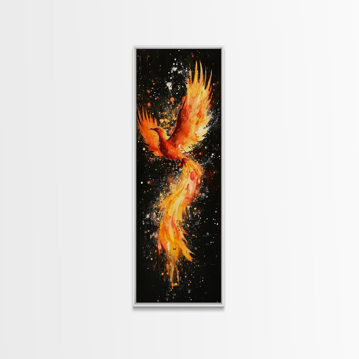Fiery Phoenix Illustration on Black Canvas, Framed Art Option, Mystical Wall Art for Living Room, Tall Narrow Wall Decor, Mythological Art