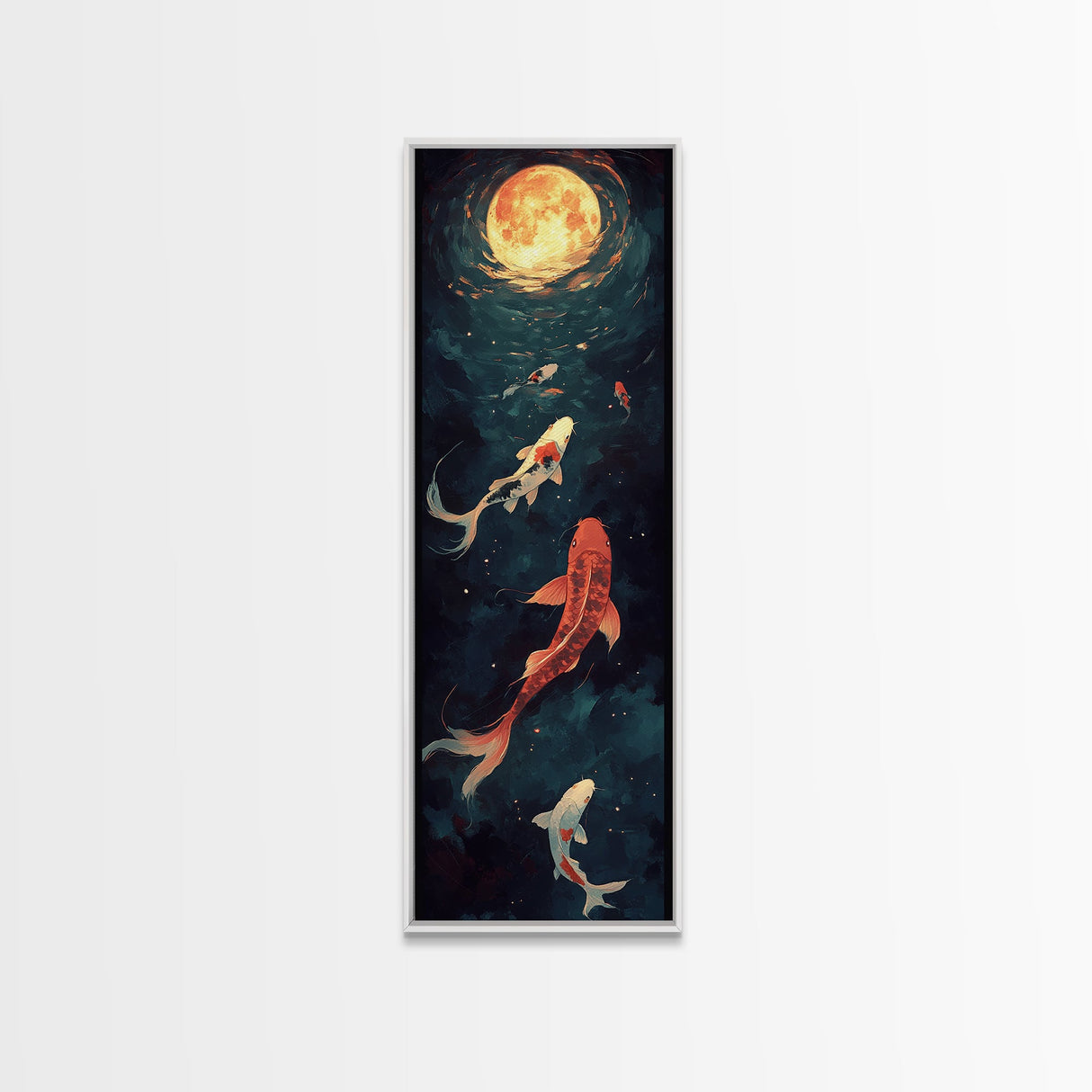 Koi Fish Under a Full Moon, Framed Canvas Print, Wabi Sabi Home Decor, Funky Boho Wall Art, Tall Skinny Art, Narrow Tall Wall Art