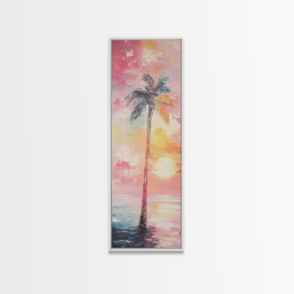 Palm Tree at Sunset Framed Canvas Print, Coastal Oil Painting, Coastal Decor, Tall Narrow Art, Accent Piece Wall Art, Coastal Landscape Art