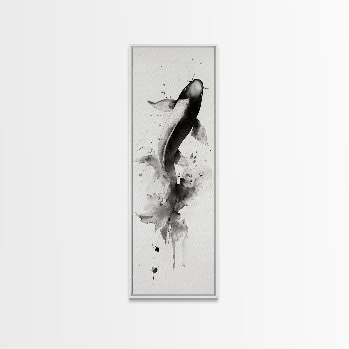 Tall Skinny Koi Fish Painting Print, Black and White Wabi Sabi Wall Art, Koi Fish Wall Decor, Japanese Style Elegant Artwork, Narrow Wall Art