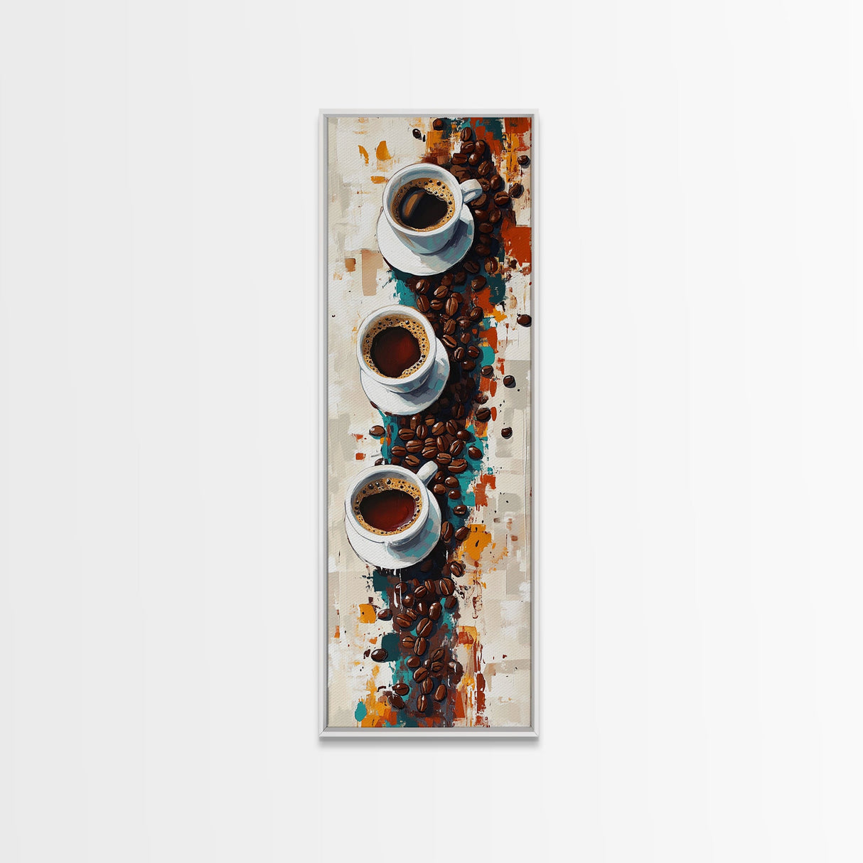 Espresso Cups Vertical Framed Canvas Print Coffee Wall Art Kitchen Long Narrow Rustic Farmhouse Art Living Room Decor