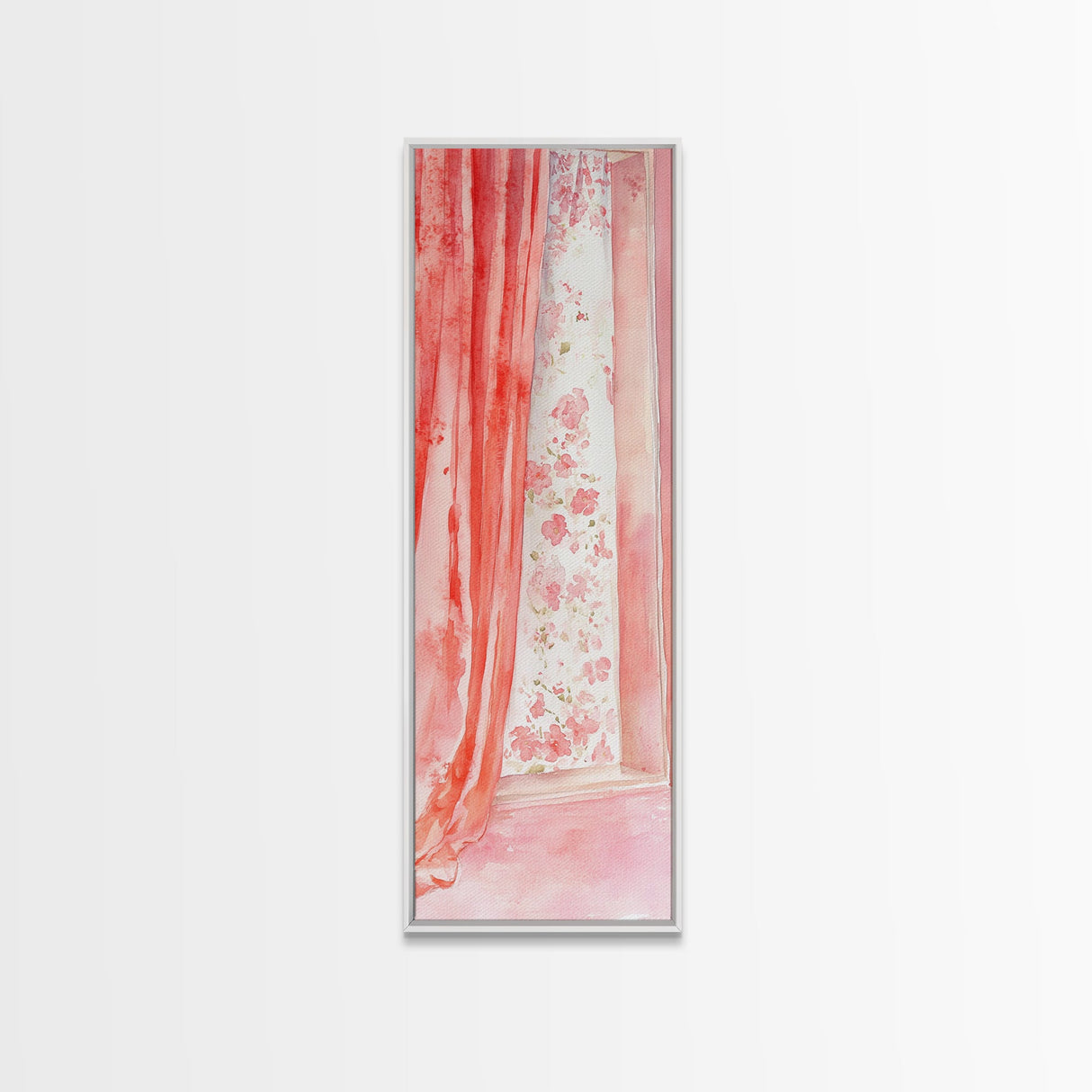 Curtain Reflection Canvas Print, soft floral vintage curtain painting with romantic pink tones, elegant tall skinny wall art for bedroom.