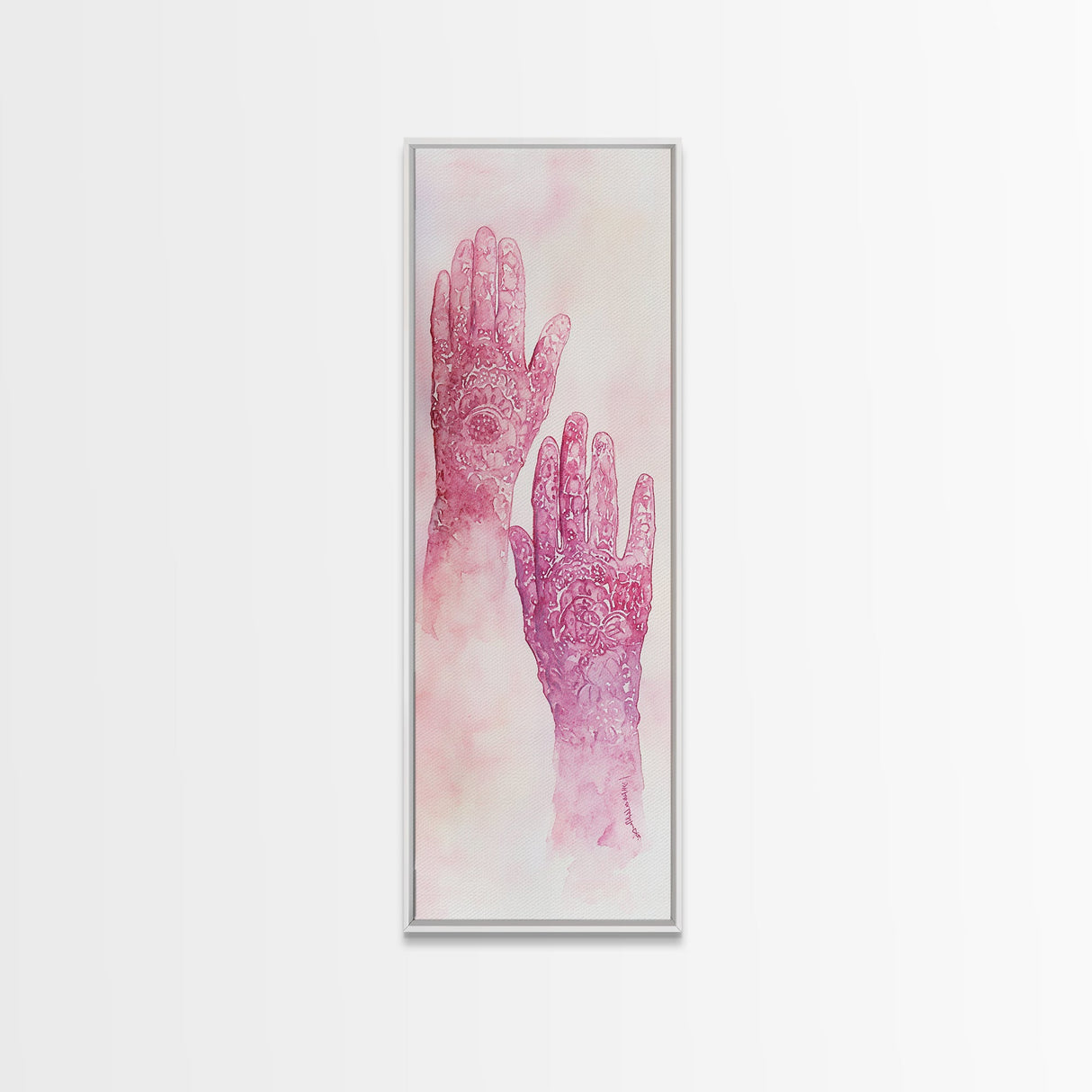 Intricate Henna Hands Painting Framed Canvas Print Featuring Unique Pink Wall Art with Subtle Geometric Design Therapy Art Theme