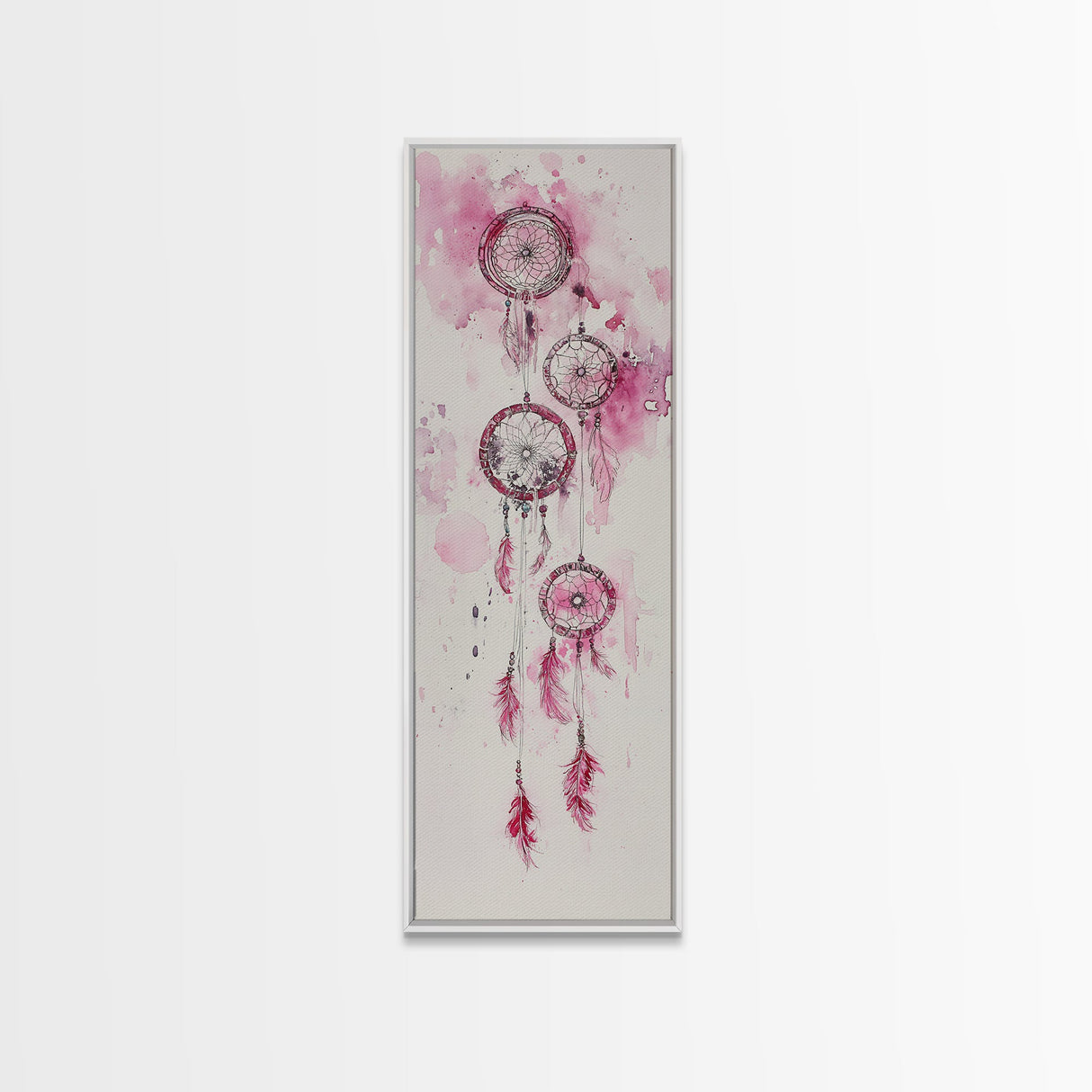 Dreamcatcher Pink Feathers Framed Canvas Print Boho Wall Art Minimalist Long Narrow Art Bedroom Decor Vertical Dorm Wall Art