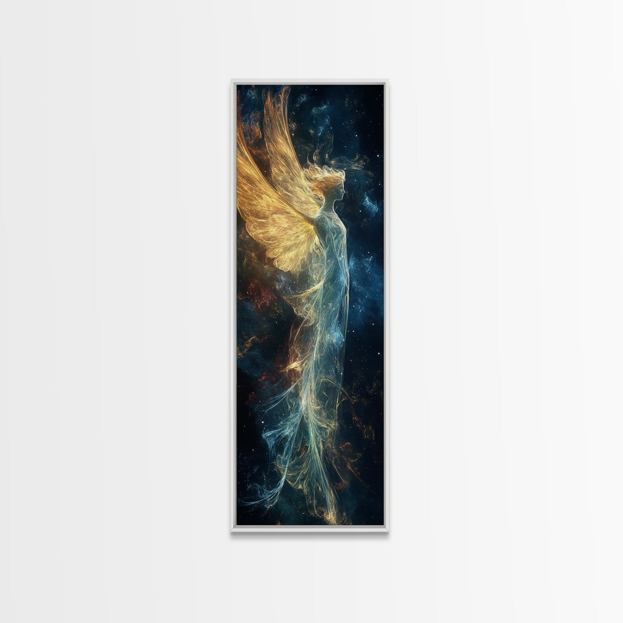Angelic Wings Canvas Print with Golden Lights, Angel Art Prints, Vertical Wall Art, Bedroom Art, Gift Idea, Boho Art