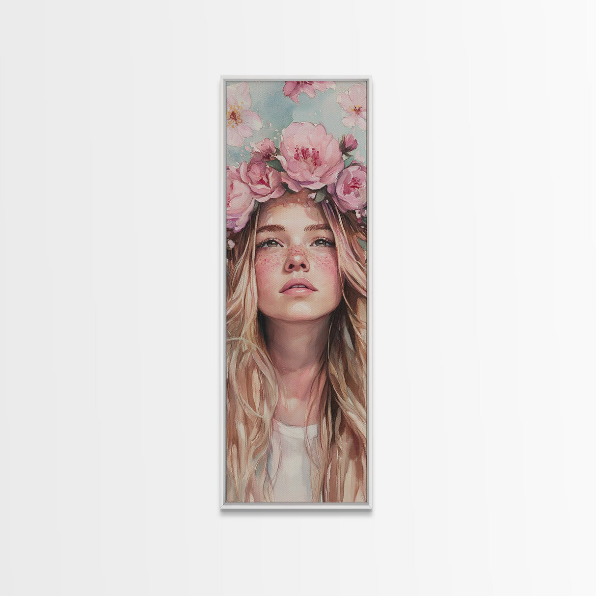 Floral Goddess Portrait Canvas Print Cherry Blossom Painting Feminine Art Bedroom Decor Light Pink Vertical Artwork Boho