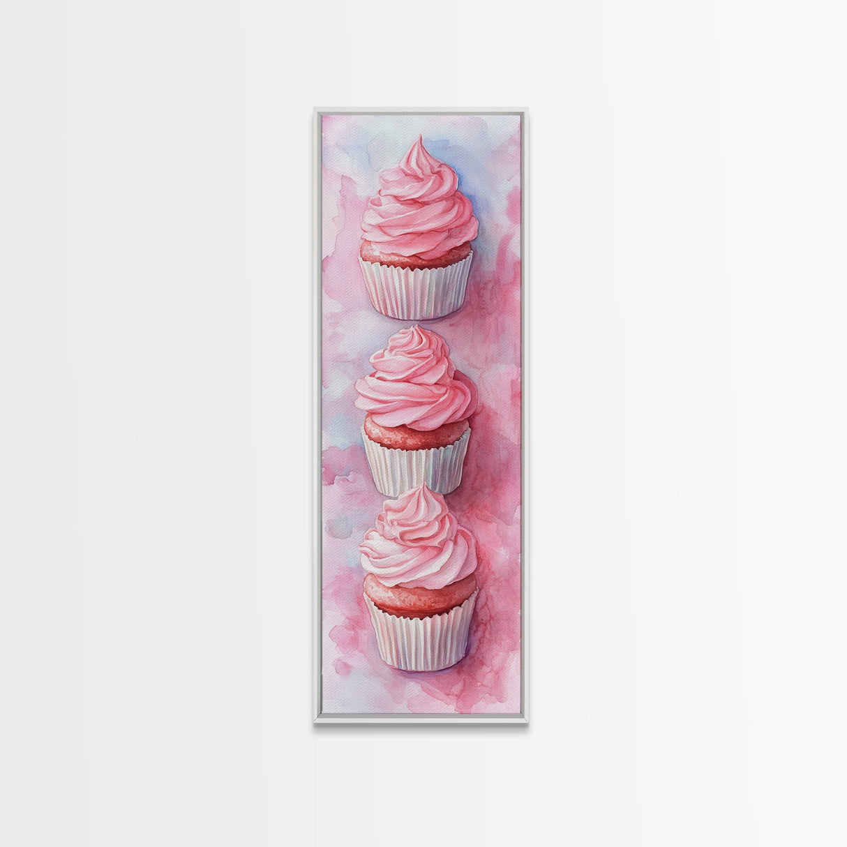 Pink Cupcake Trio Canvas Print, Whimsical Kitchen Art, Rustic Light Pink Wall Art, Food Review Vertical Artwork, Gift Idea For Her