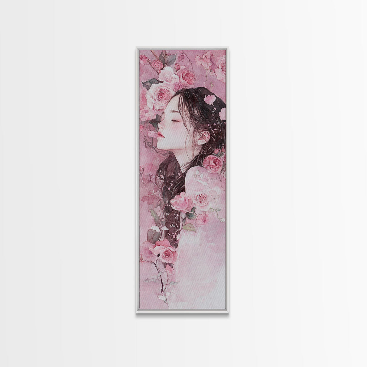 Romantic Rose Girl Painting Framed Canvas Print Pink Wall Art Bedroom Decor Feminine Rose Painting Above Bed Artwork Gift Idea