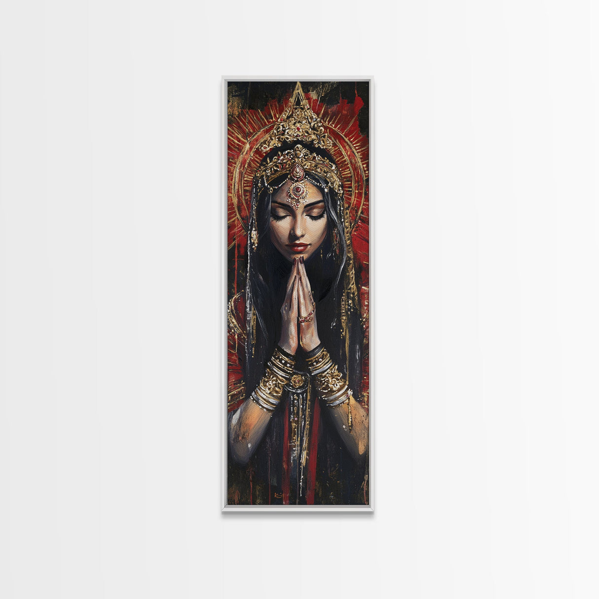 Goddess Prayer Painting Framed Canvas Print, Kerala Mural Art with Rich Red and Gold, Dark Angels Wall Art for Boho Bedroom Decor