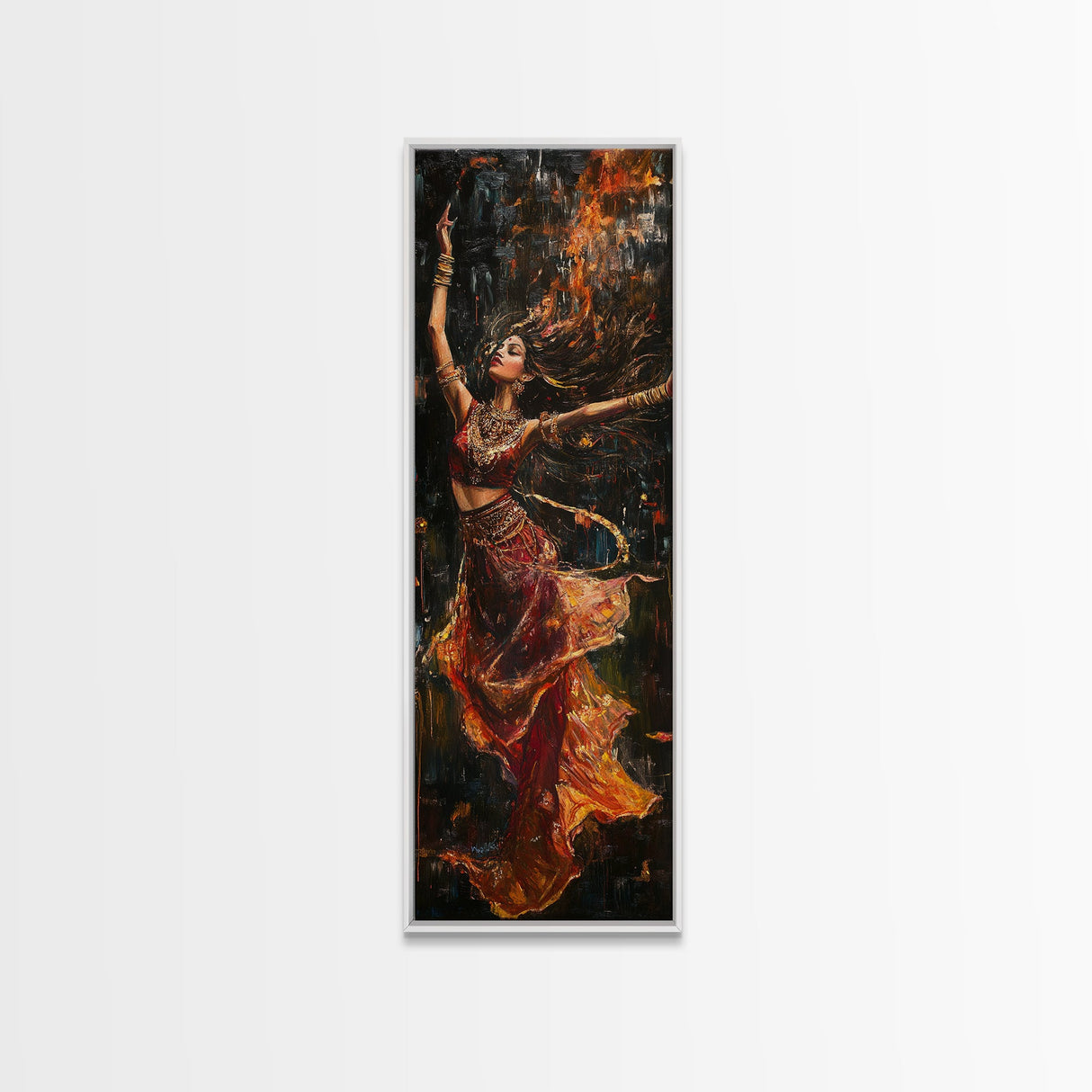 Dancing Woman Framed Canvas Print, Fiery Dark Romance Painting, Original Vertical Art for Bold Bedroom or Statement Living Room Decor