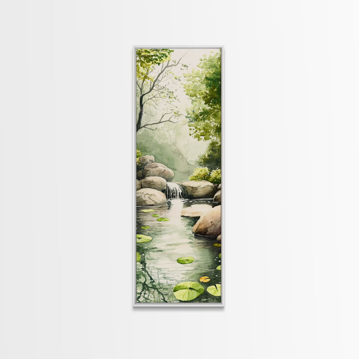 Tranquil Waterfall Scene Framed Canvas Print Green Wall Art Botanical Prints Vertical Landscape Art Above Bed Living Room Decor