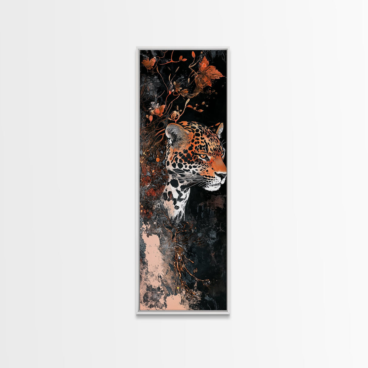 Floral and Leopard Canvas Print with Moody Art Style, Unique Animal Wall Art and Vertical Skinny Art Living Room Decor