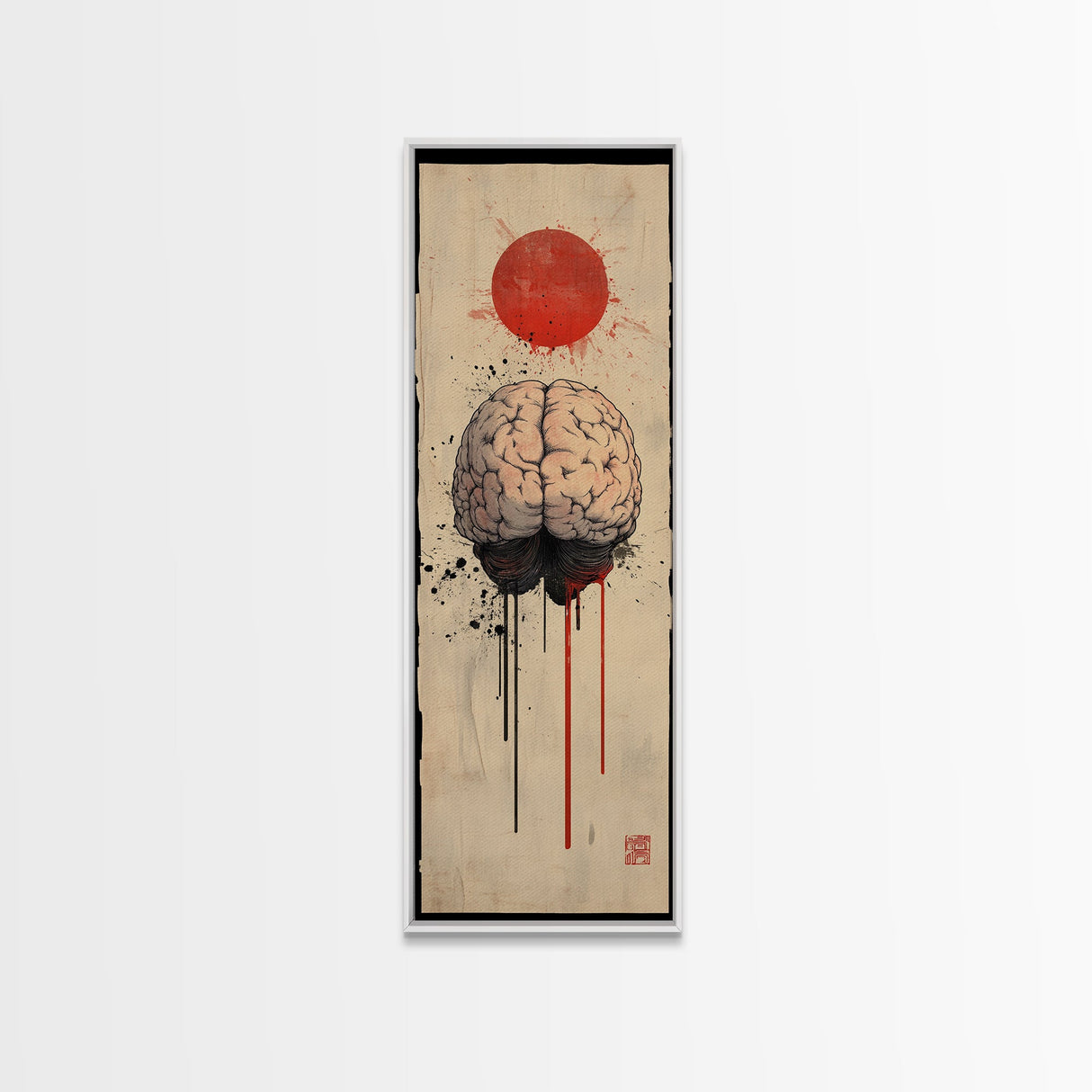 Red Sun Brain Framed Canvas Print, Abstract Science Wall Art, Moody Therapy Artwork, Vertical Wabi Sabi Decor, Living Room Art