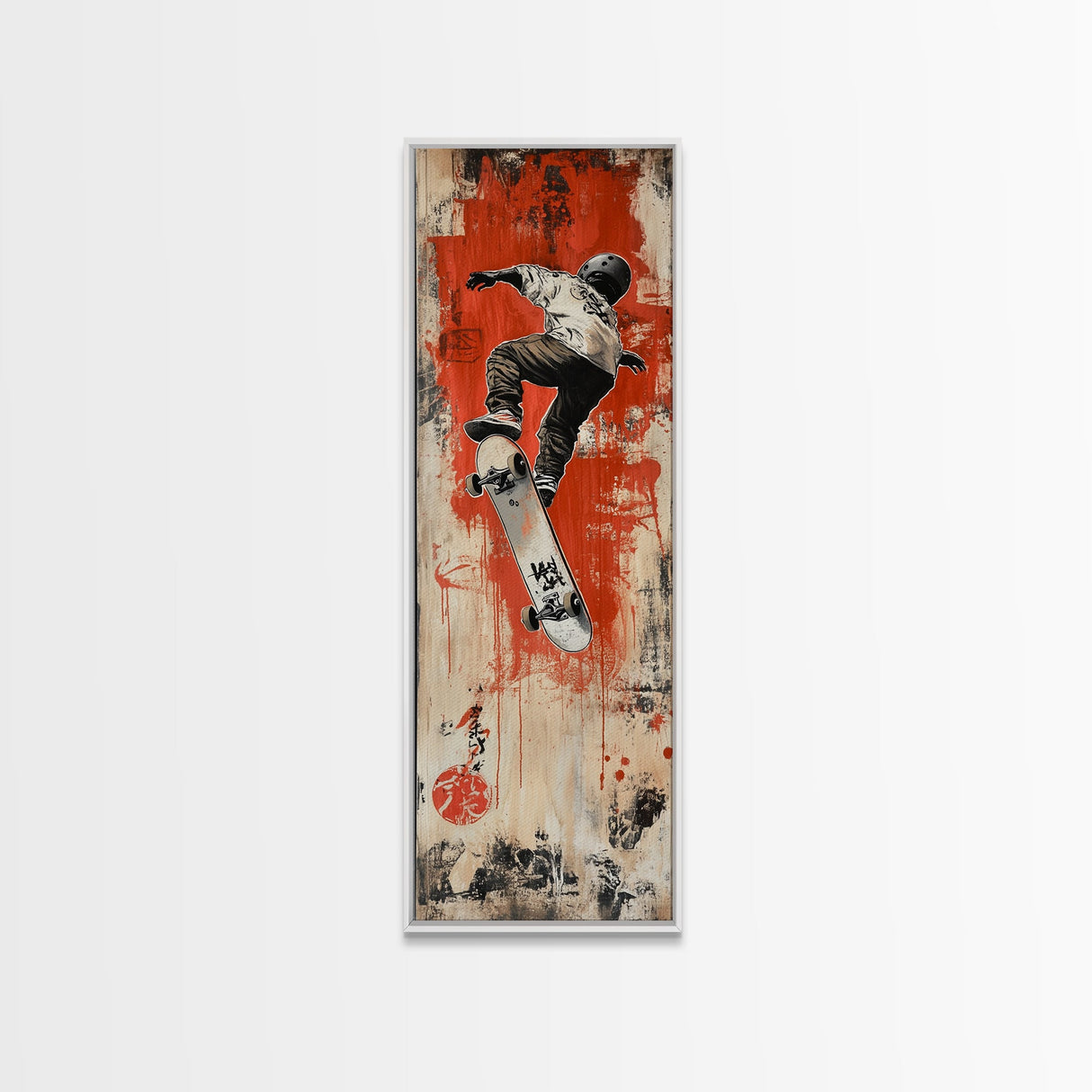 Skateboarder Canvas Print, Red and Black Urban Wall Art, Graffiti Inspired Vertical Artwork, Gift Idea for Living Room or Teen Bedroom