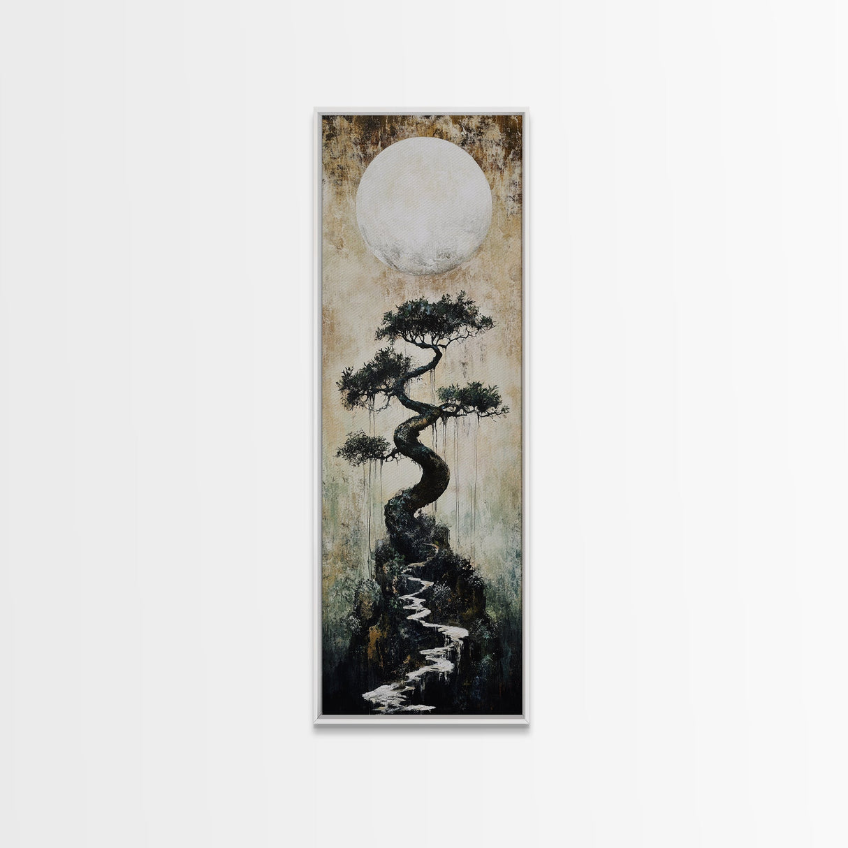 Mystical Moon and Bonsai Canvas Print Zen Wall Art Serene Wabi Sabi Decor Minimalist Nature Artwork Vertical Framed Artwork