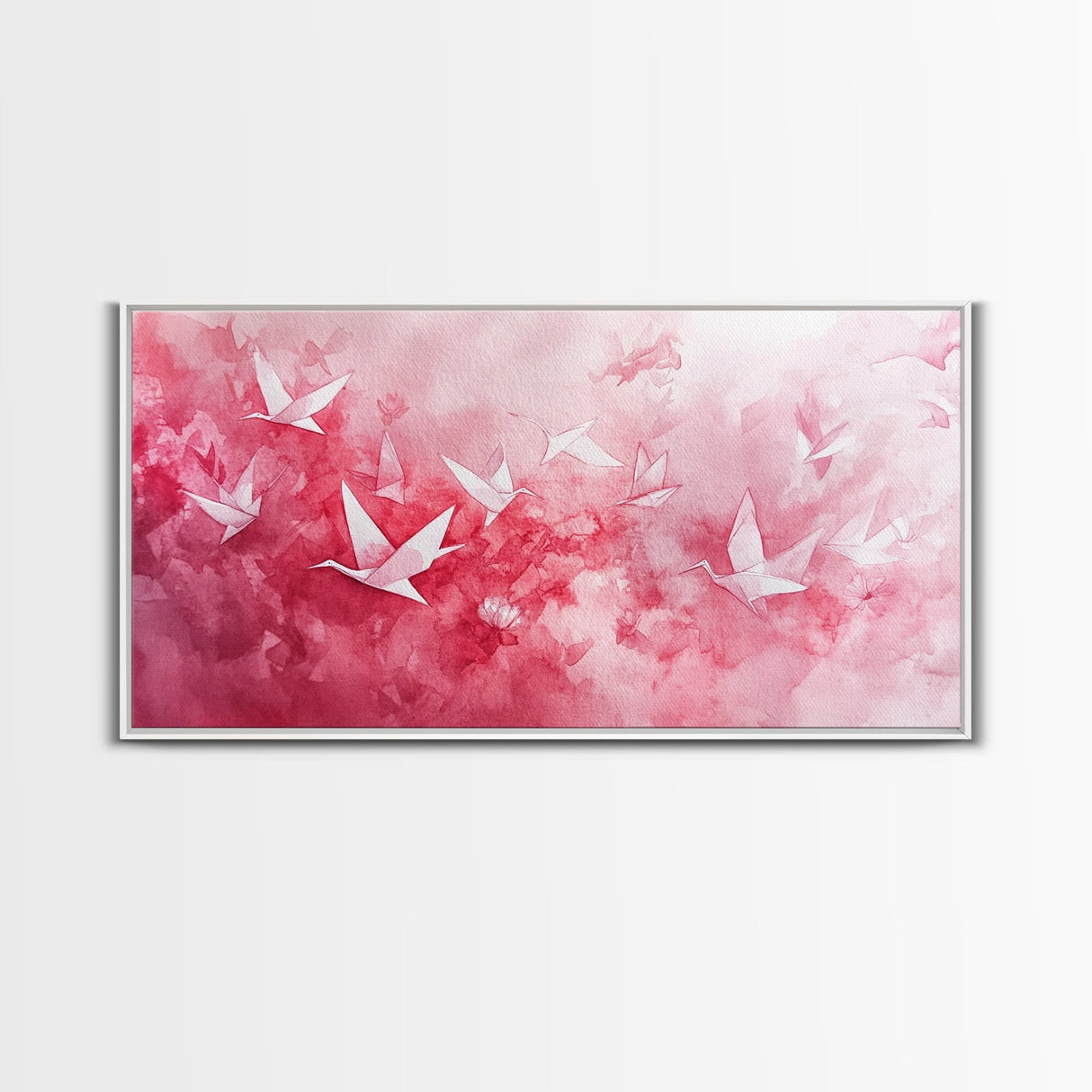 Origami Crane Flight Framed Canvas Print Featuring Pink Wall Art Whimsical Art Long Narrow Wall Art Minimalist Rustic Living Room Decor