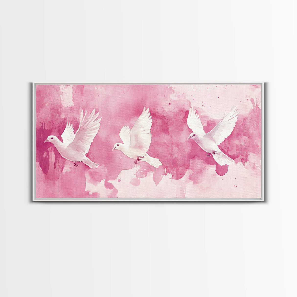 White Dove Flight Canvas Print | Angel Art Prints | Light Pink Wall Art | Minimalist Bird Art | Whimsical Living Room Decor Wall Art