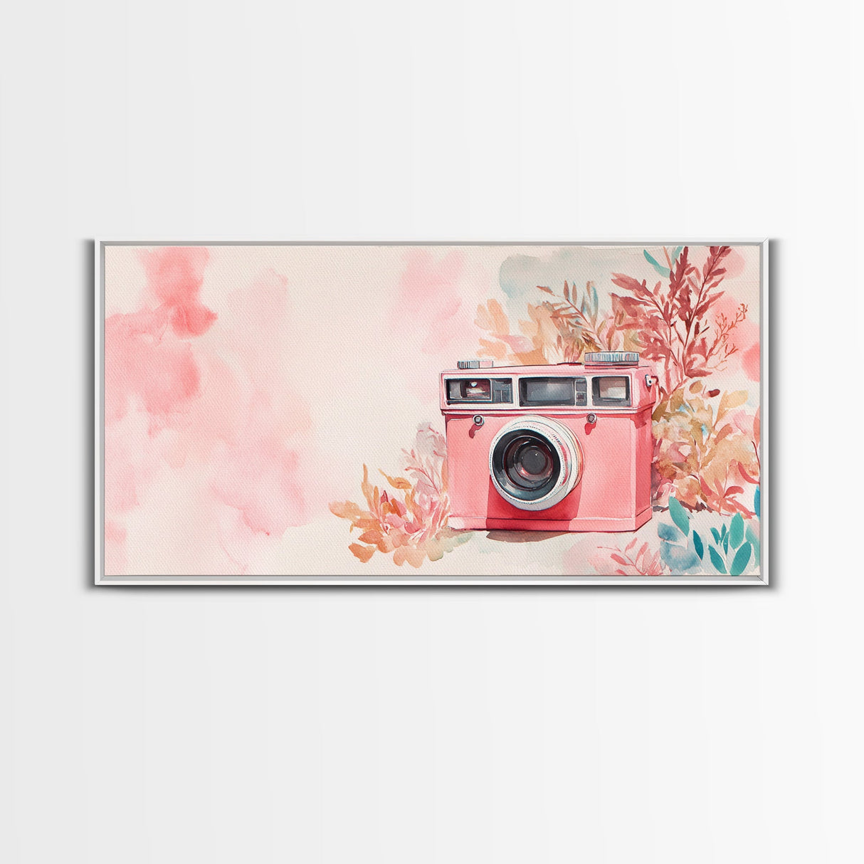 Vintage Camera Painting Framed Canvas Print Pink Wall Art Whimsical Art Living Room Art Light Pink Wall Art Unique Gift Idea
