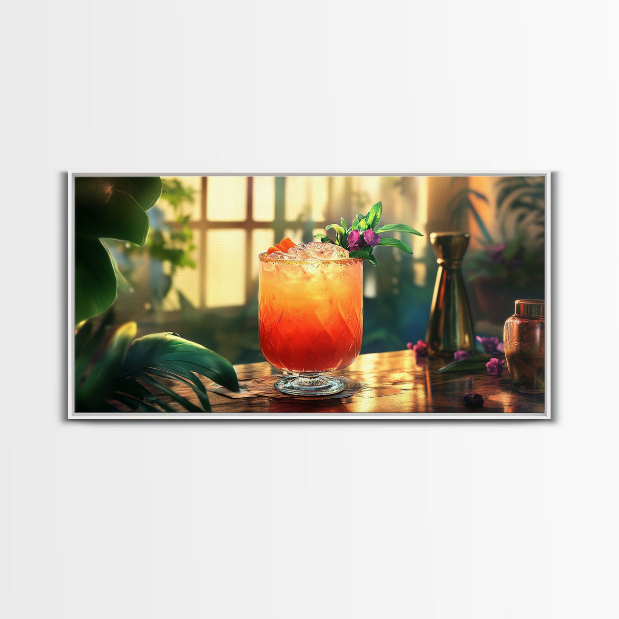 Tropical Sunset Cocktail Canvas Print, Vibrant Kitchen Wall Art, Foodie Home Decor, Botanical Drink Painting, Dining Room Cocktail Art
