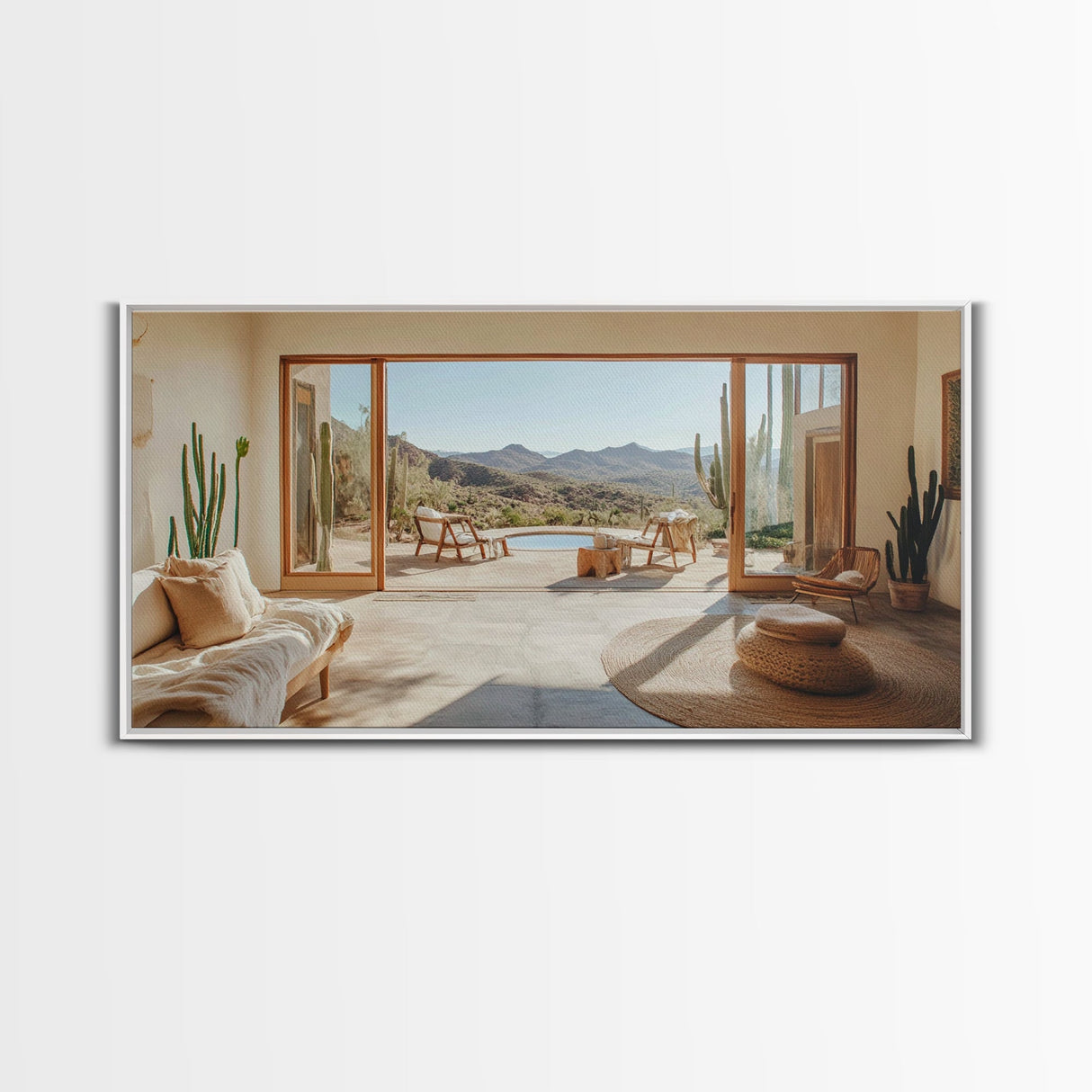 Framed Canvas Print of Desert Retreat with Cactus and Mountain View, Southwest Wall Art, Living Room Boho Decor