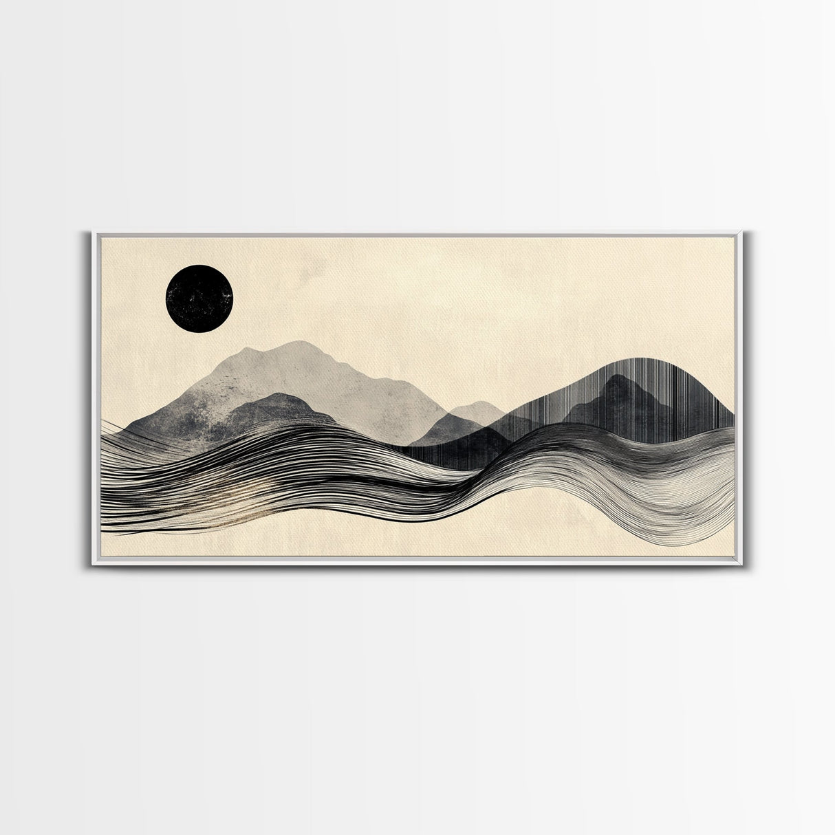 Abstract Mountain Landscape Framed Canvas Print, Wabi Sabi Wall Art Minimalist Decor, Rustic Line Art Idea Bedroom Artwork Vertical Design