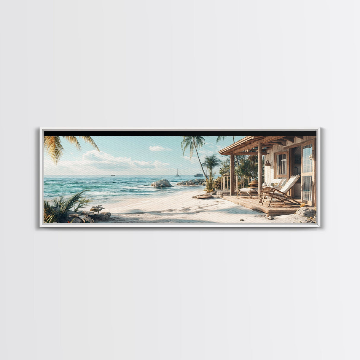 Tropical Beach Framed Canvas Print Coastal Landscape Art Nautical Decor Relaxing Living Room Wall Art Panoramic Seascape Painting