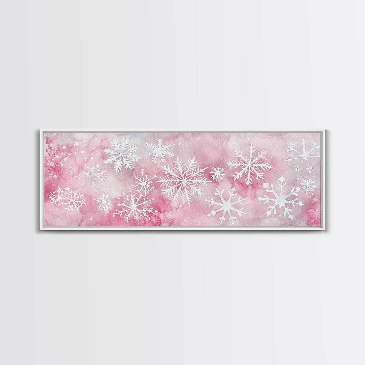 Delicate Snowflake Art Framed Canvas Print Light Pink Wall Art Minimalist Winter Décor Bedroom Living Room Artwork Horizontal Gift