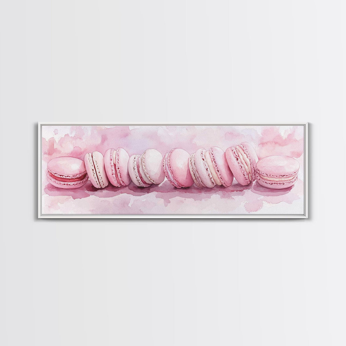 Whimsical Macarons Pink Wall Art Framed Canvas Print Extra Wide Horizontal Dessert Painting Food Review Kitchen Art