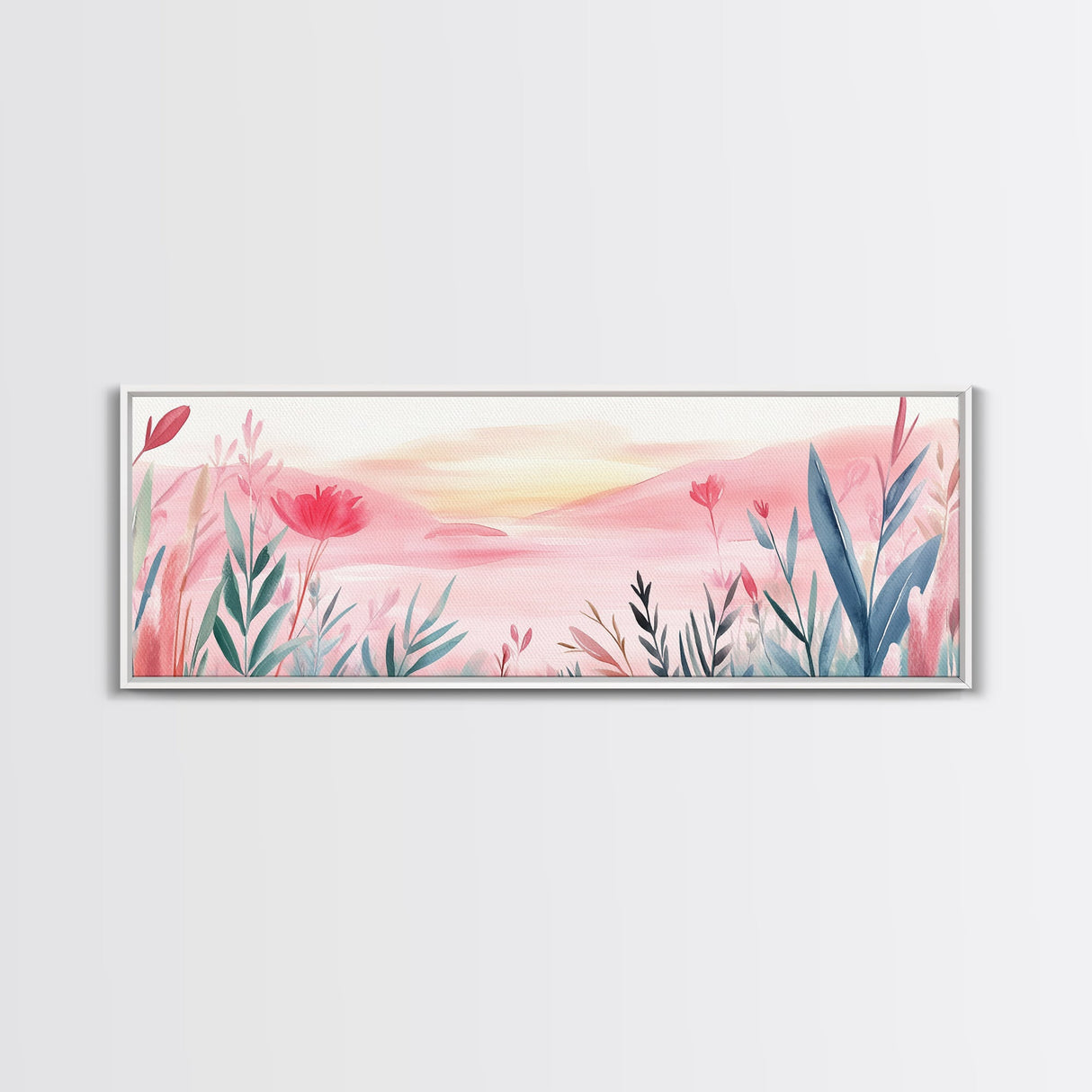 Wildflower Horizon Canvas Print, Light Pink Coastal Landscape Art, Panoramic Wall Art, Above Sofa Decor, Nature-Inspired Artwork