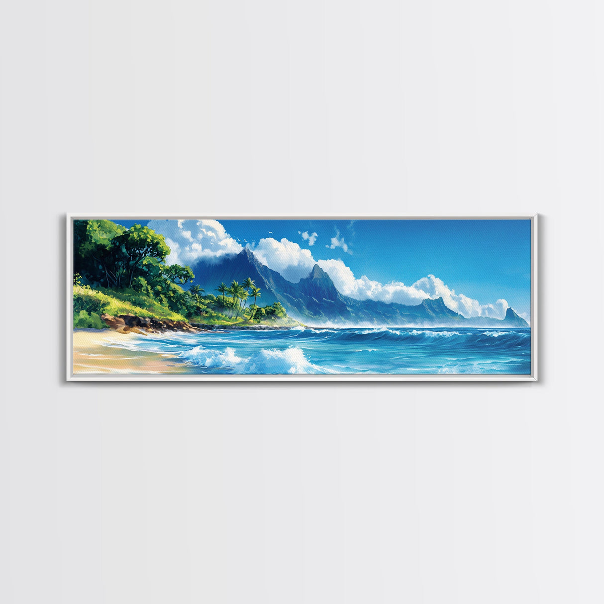 Tropical Paradise Beach Framed Canvas Print - Panoramic Hawaii Coastal Painting, Nautical Wall Art, Ocean View Living Room Wall Decor