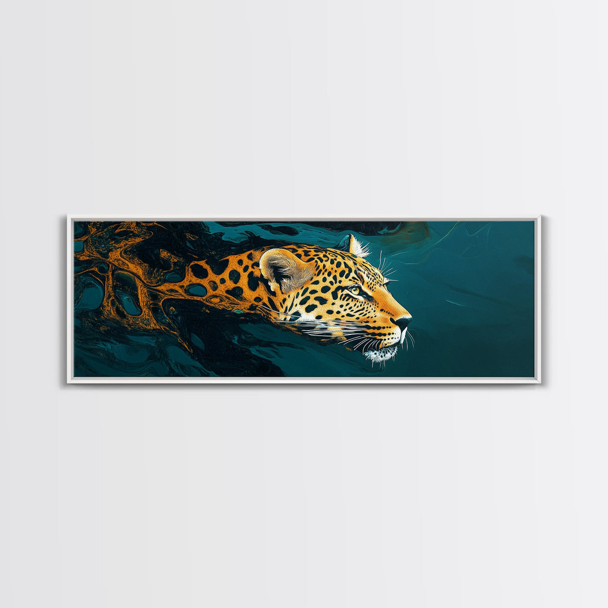 Leopard In Motion Framed Canvas Print - Abstract Jungle Painting, Teal And Orange Wildcat Art, Modern Safari Wall Decor, Bedroom Accent