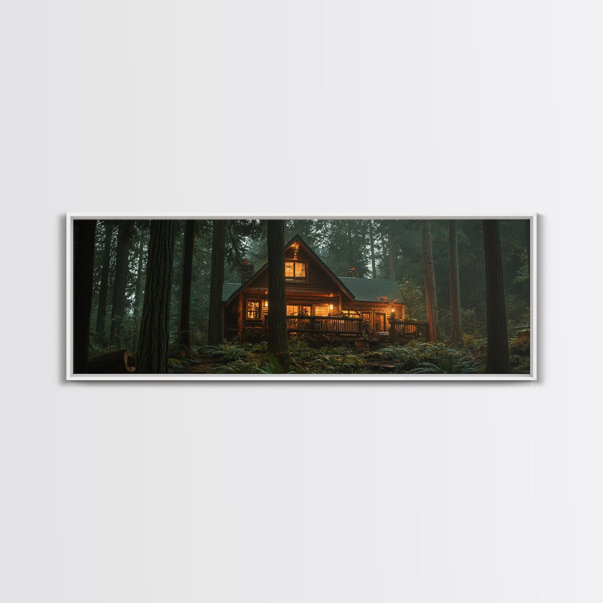 Warm Forest Cabin Framed Canvas Print, Rustic Decor Wall Art, Cozy Woodland Scene Painting, Moody Autumn Landscape, Living Room Art Piece