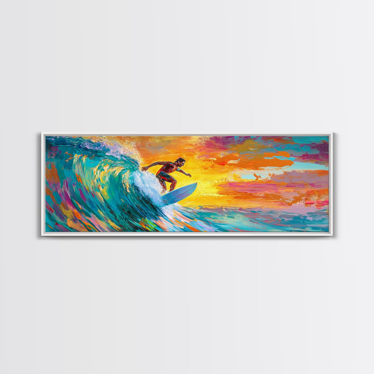Surfer Riding Wave Canvas Print, Surf Wall Art, Coastal Decor, Nautical Painting, Colorful Art, Living Room Art, Gift Idea, Rustic Wall Art