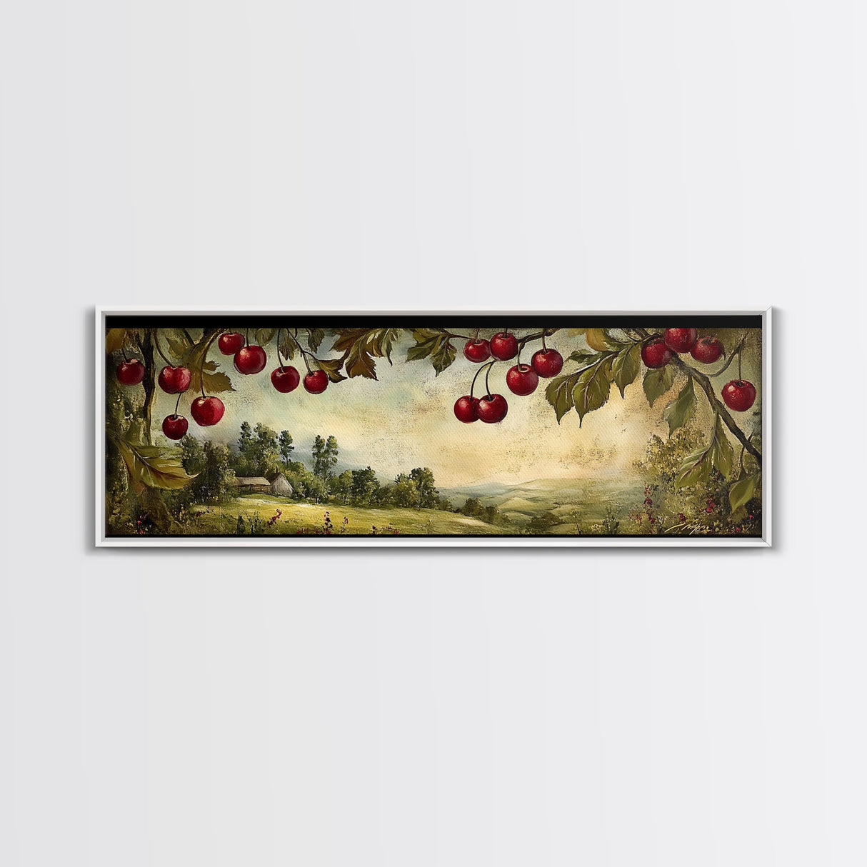 Framed Canvas Print Cherries Wall Art Panoramic Rustic Decor Living Room Horizontal Landscape Art Farmhouse Gift Idea Painting