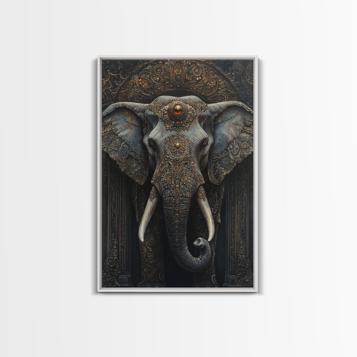Ornate Elephant Kerala Mural Framed Canvas Print – Ganesh Wall Art, Sacred Geometry Art, Indian Inspired Decor Rustic Living Room Art