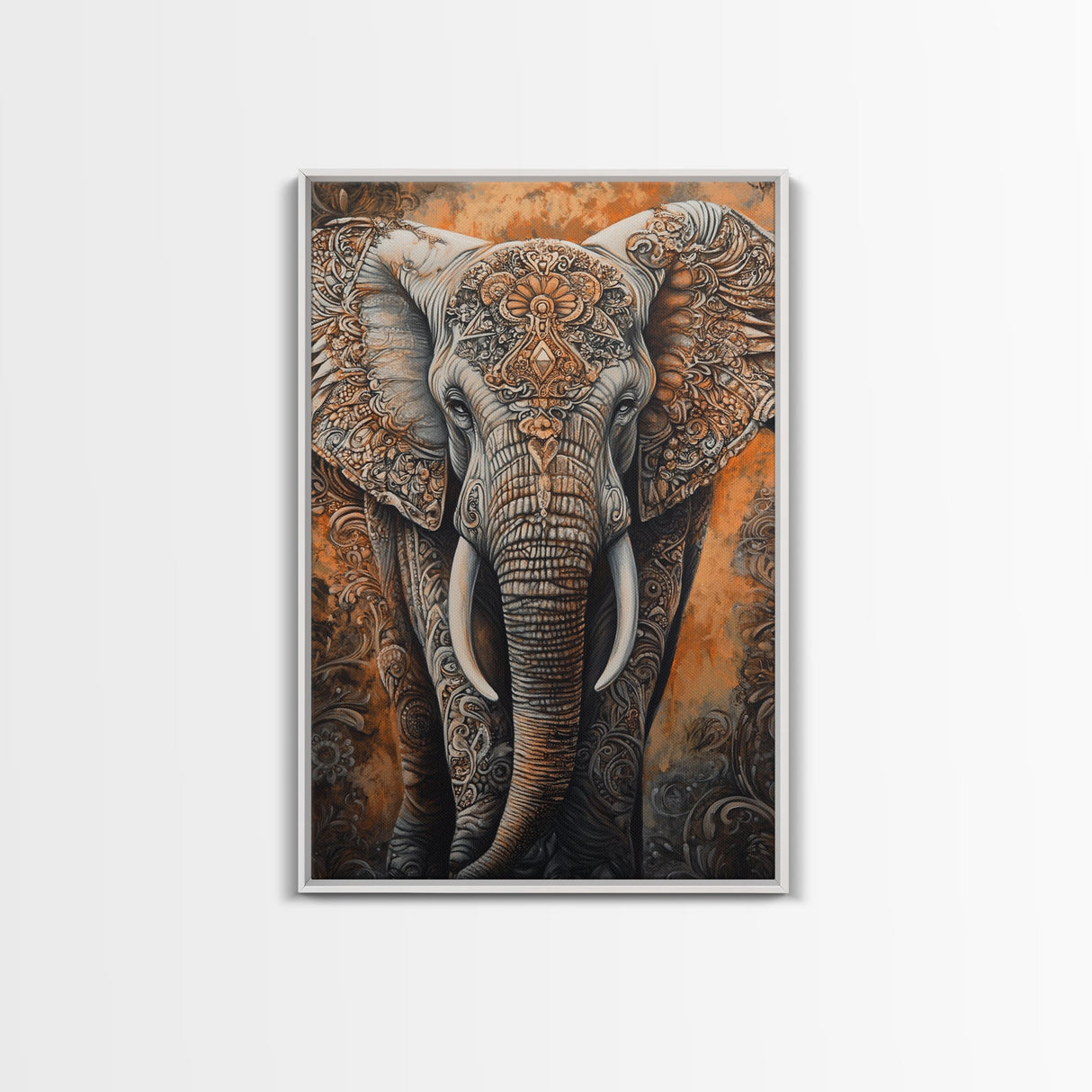 Indian Elephant Art Framed Canvas Print – Kerala Mural Painting, Sacred Geometry Decor, Ganesh Wall Art, Rustic Boho Living Room Art