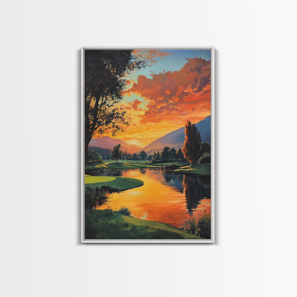 Golden Sunset Golf Framed Canvas Print, Landscape Wall Art, Rustic Horizontal Decor, Living Room Painting, Gift Idea for Him