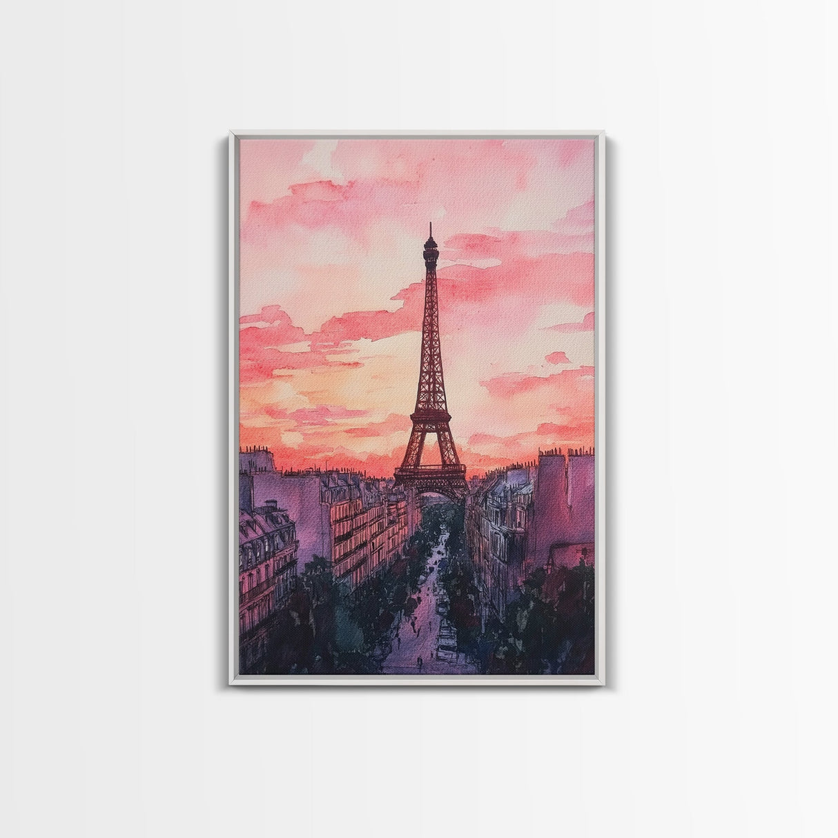 Eiffel Tower Sunset Framed Canvas Print Paris Landscape Painting French Cityscape Wall Art Bedroom Decor Romantic Gift Pink Orange Art