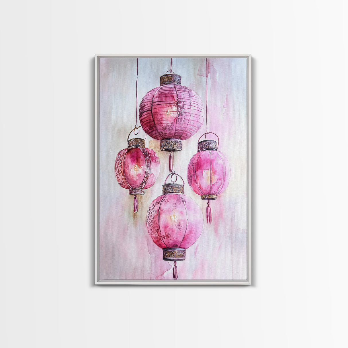 Pink Lanterns Framed Canvas Print, Chinoiserie Wall Art, Cozy Living Room Decor, Boho Aesthetic, Vertical Oriental Light Pink Wall Art
