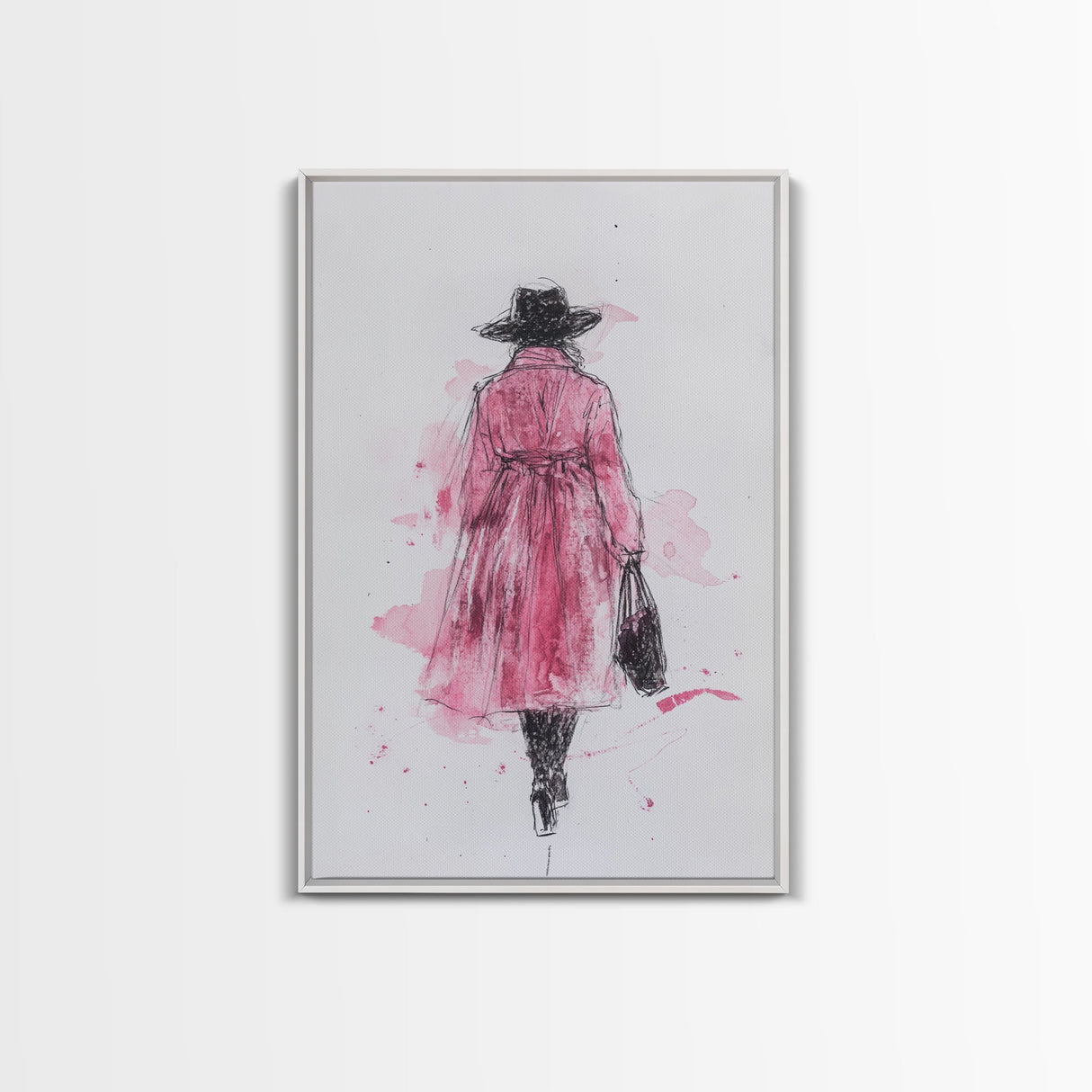 Woman in Coat Framed Canvas Print Light Pink Wall Art Moody Minimalist Fashion Illustration Rustic Aesthetic Unique Gift Idea