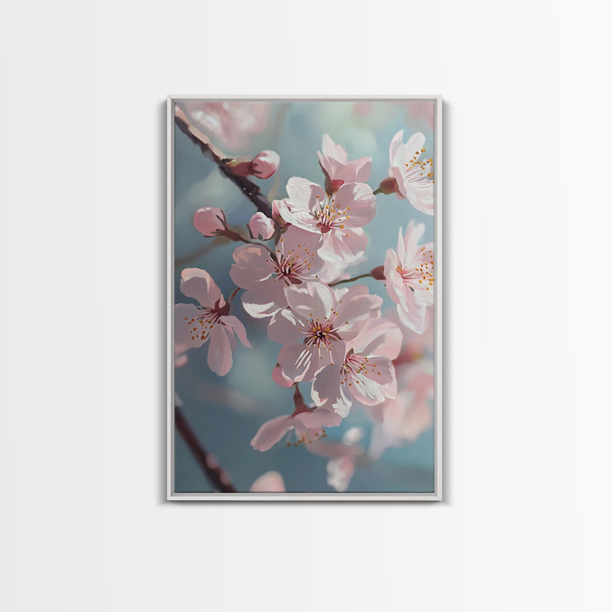 Japanese Sakura Canvas Print | Cherry Blossom Painting Art | Pastel Blue Floral Wall Art Gift Idea | Light Pink Bedroom Art