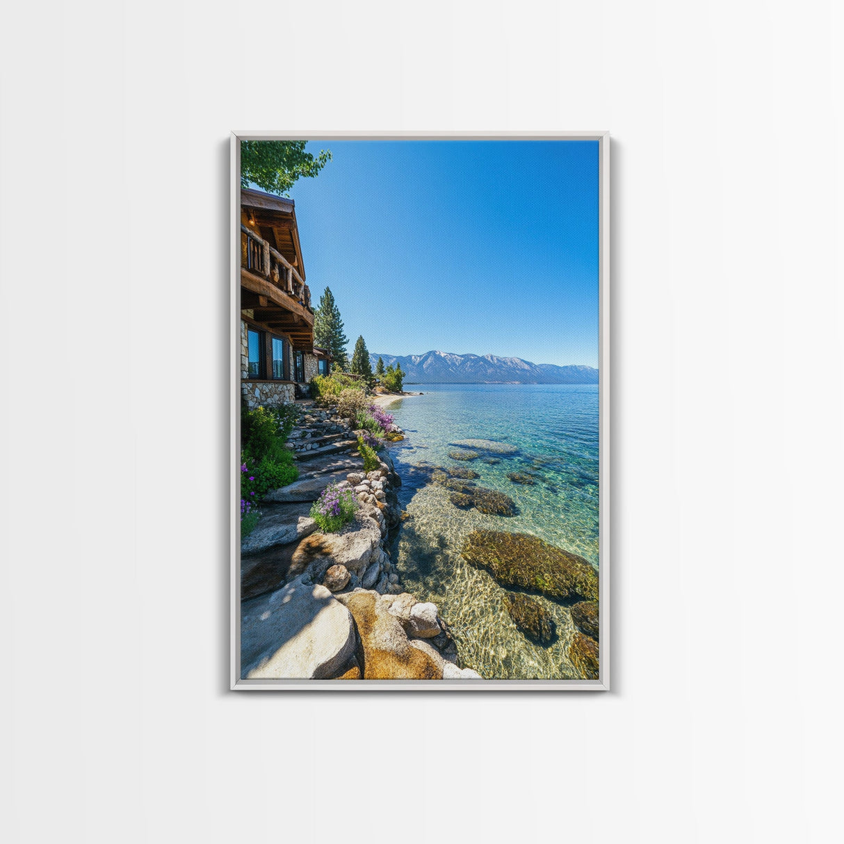 Lakeside Retreat Framed Canvas Print Coastal Landscape Art Nautical Wall Art Living Room Decor Lake Tahoe Art Rustic Decor Seascape Painting