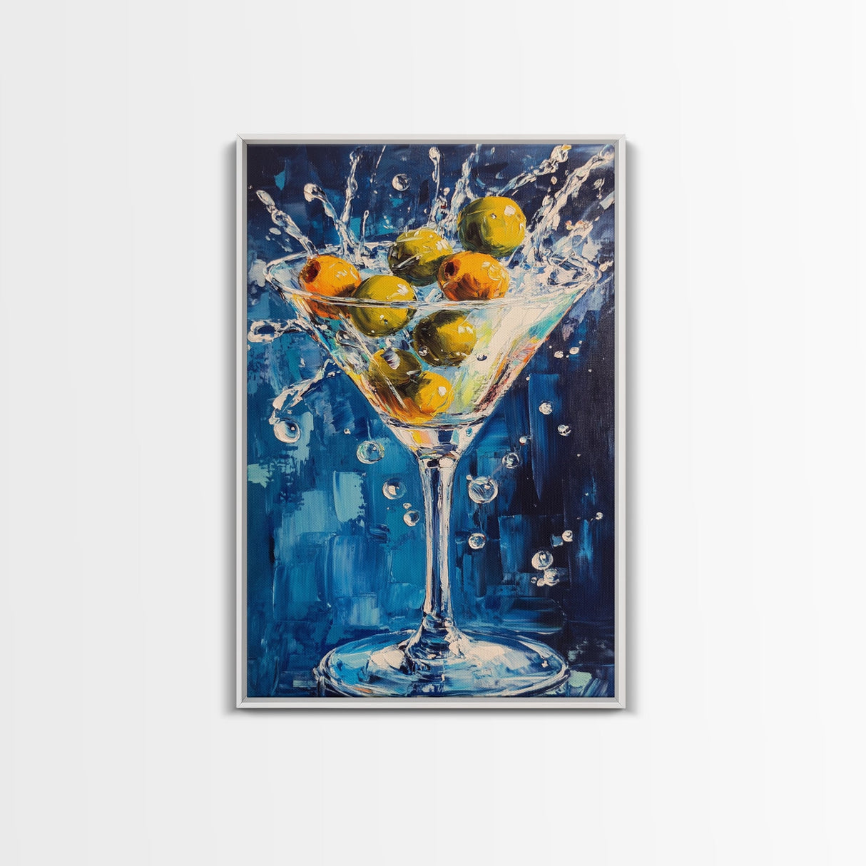 Splashing Olive Martini Canvas Print with Vibrant Cocktail Art, Perfect Bar Decor and Kitchen Wall Art Statement Piece