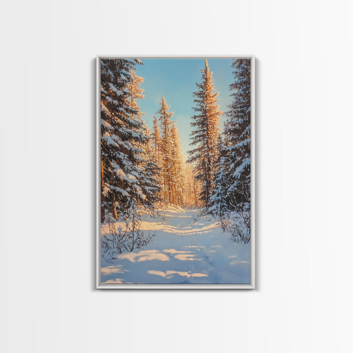 Winter Wonderland Framed Canvas Print, Snowy Forest Landscape Painting with Pine Tree Art, Cozy Rustic Wall Decor